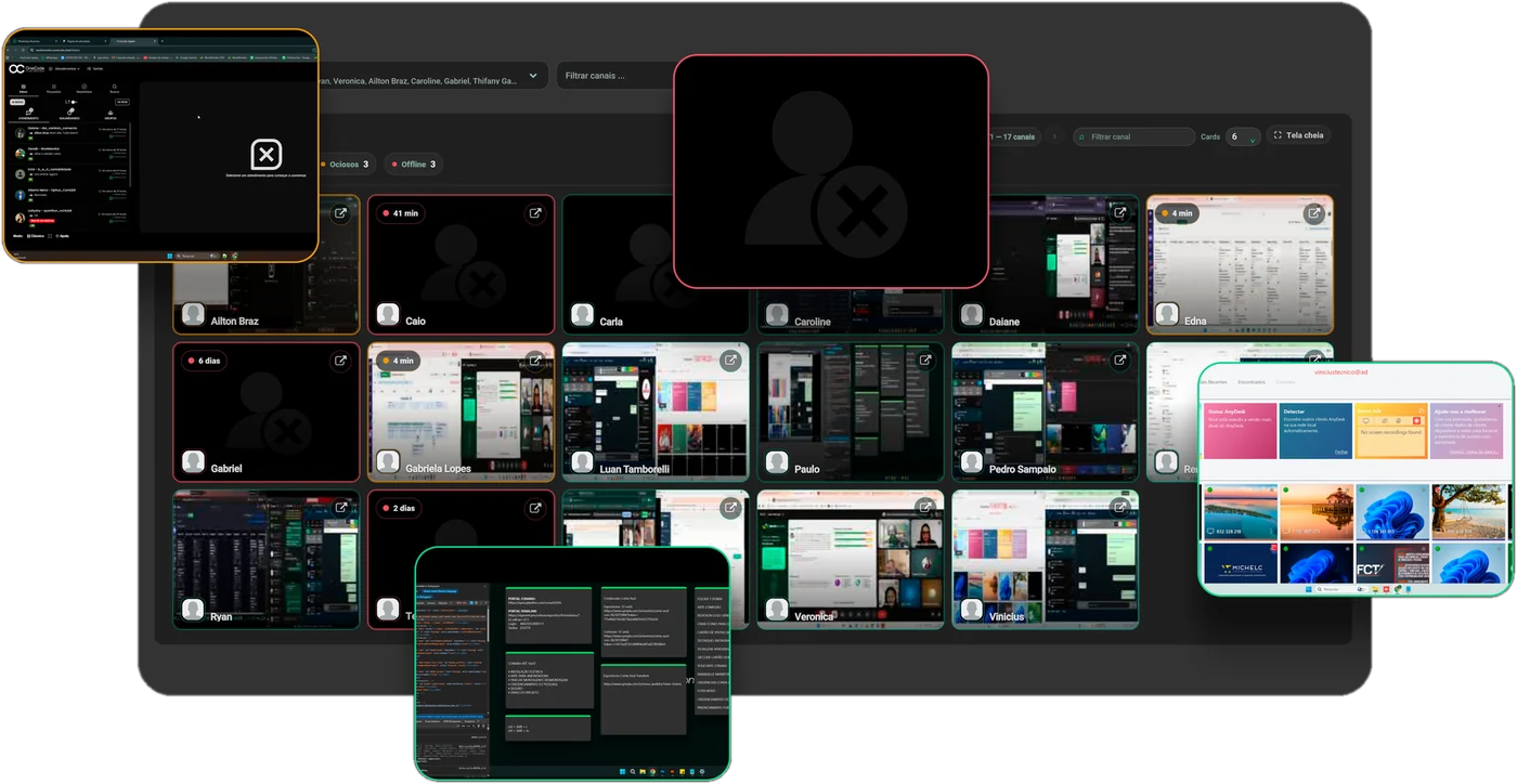 Modo Ao Vivo da WorkMonitor: telas dos colaboradores em tempo real